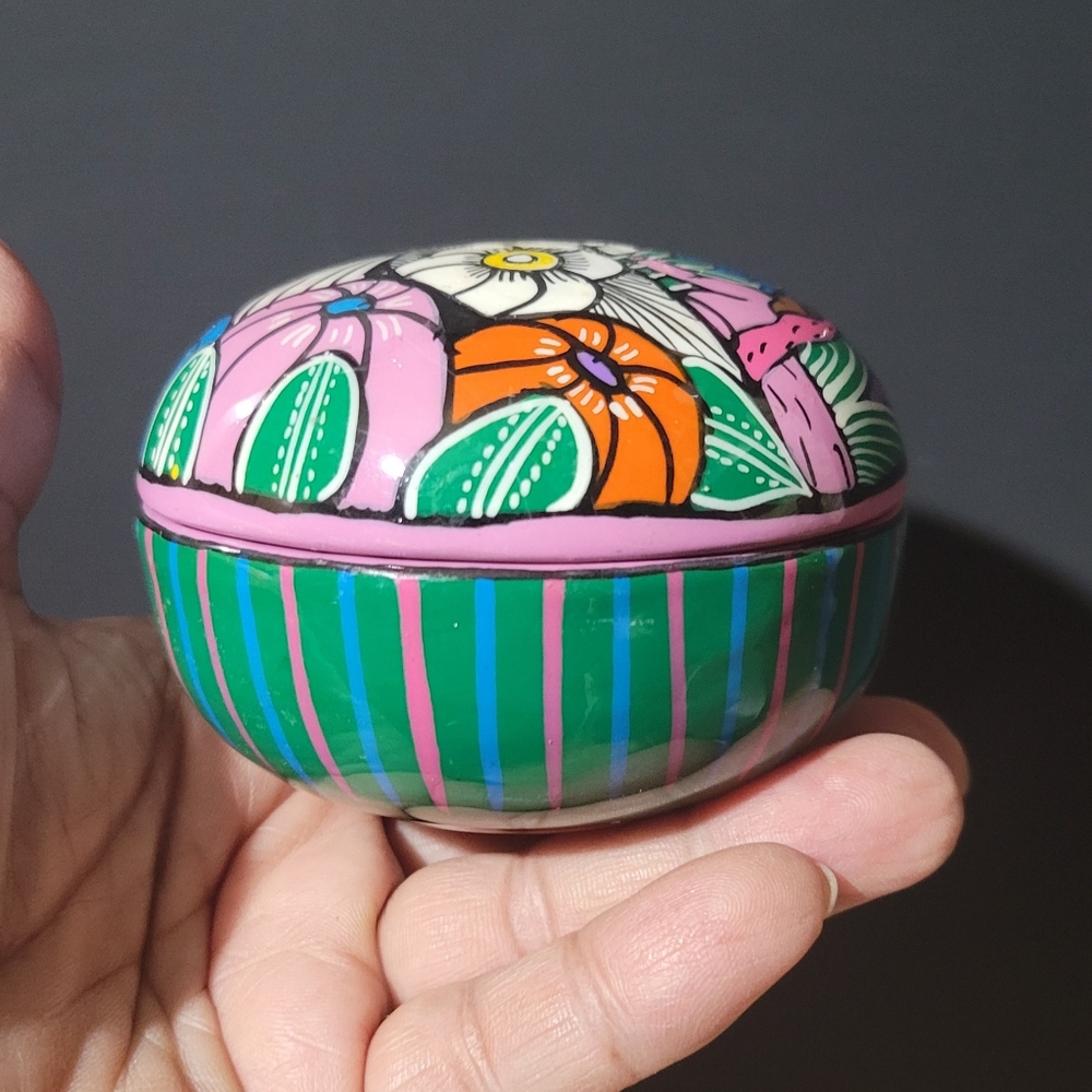 Glazed Red Clay Mexican Folk Art Round Covered Trinket Box Signed